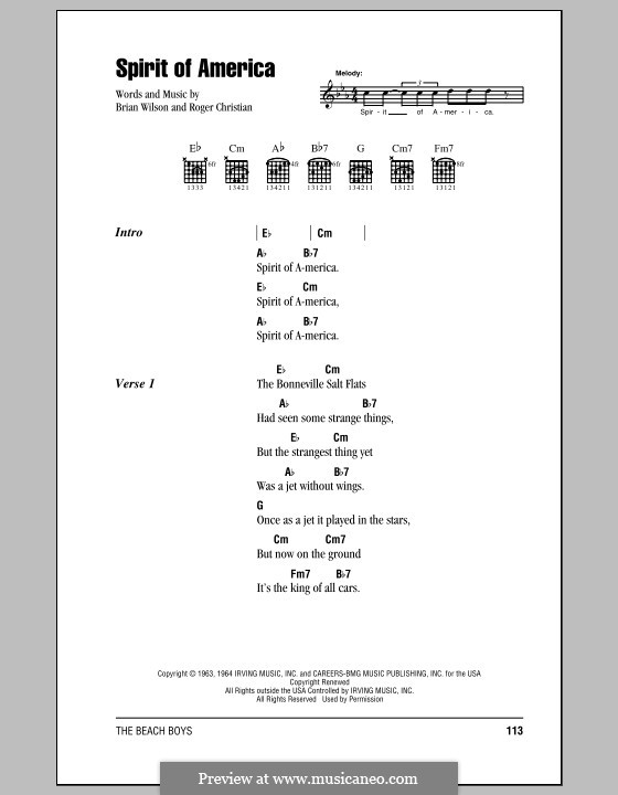 Spirit of America (The Beach Boys): Letras e Acordes (com caixa de acordes) by Brian Wilson, Roger Christian