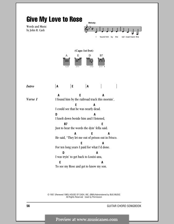 Give My Love to Rose: Letras e Acordes (com caixa de acordes) by Johnny Cash