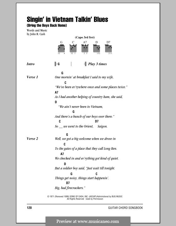 Singin' in Vietnam Talkin' Blues (Bring the Boys Back Home): Letras e Acordes (com caixa de acordes) by Johnny Cash