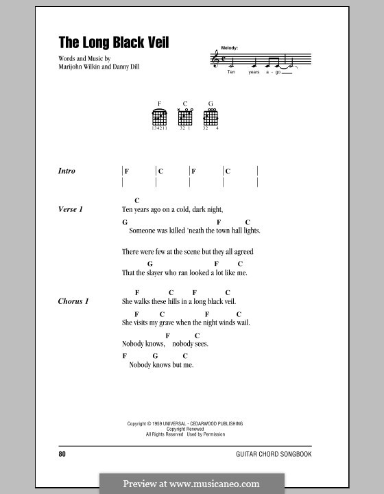 The Long Black Veil: Lyrics and chords with chord boxes (Johnny Cash) by Danny Dill, Marijohn Wilkin