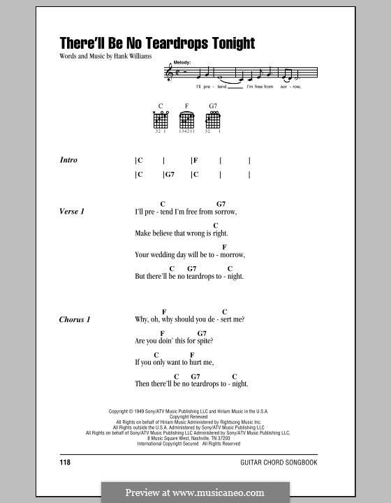 There'll Be No Teardrops Tonight: Letras e Acordes (com caixa de acordes) by Hank Williams