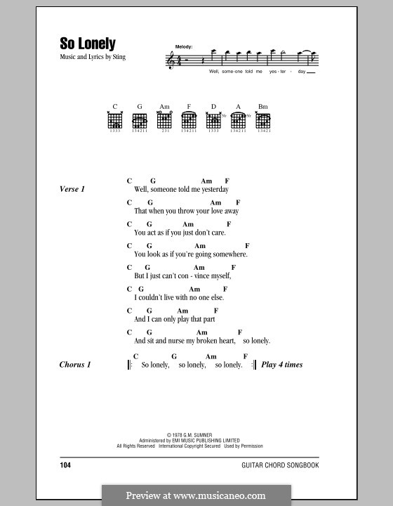 So Lonely (The Police): Letras e Acordes (com caixa de acordes) by Sting