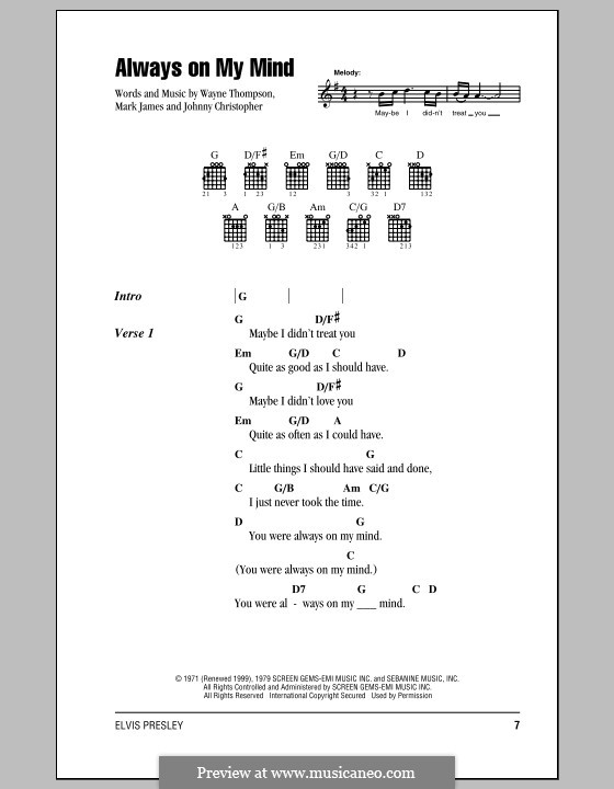 Always on My Mind: Lyrics and chords with chord boxes (Elvis Presley) by Johnny Christopher, Mark James, Wayne Carson Thompson