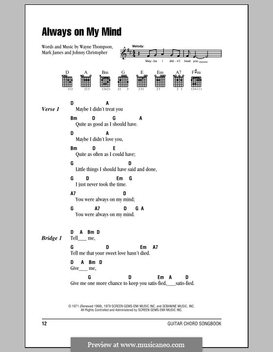 Always on My Mind: Lyrics and chords with chord boxes (Willie Nelson) by Johnny Christopher, Mark James, Wayne Carson Thompson