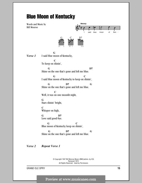 Blue Moon of Kentucky: Letras e Acordes (com caixa de acordes) by Bill Monroe