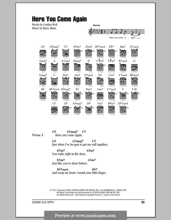 Here You Come Again (Dolly Parton): Letras e Acordes (com caixa de acordes) by Barry Mann, Cynthia Weil