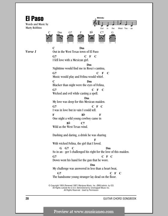 El Paso: Letras e Acordes (com caixa de acordes) by Marty Robbins