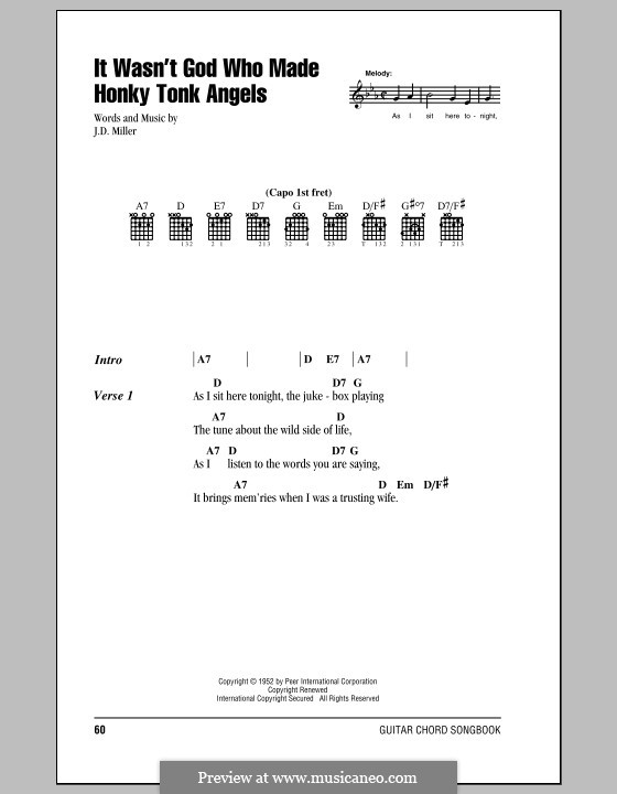 It Wasn't God Who Made Honky Tonk Angels (Patsy Cline): Letras e Acordes (com caixa de acordes) by J. D. Miller