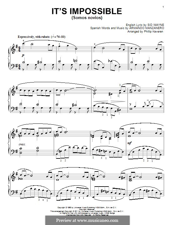 It's Impossible (Somos Novios): For piano (Perry Como) by Armando Manzanero, Sid Wayne