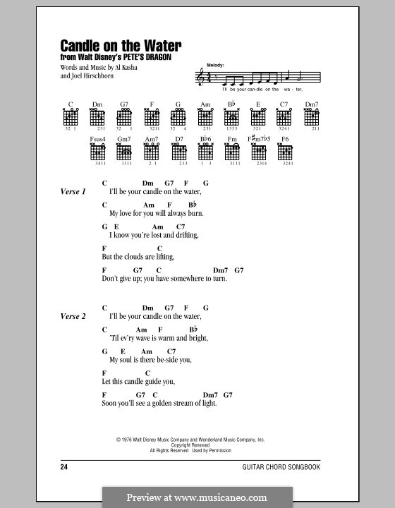 Candle on the Water (from Walt Disney's Pete's Dragon): Letras e Acordes (com caixa de acordes) by Al Kasha, Joel Hirschhorn