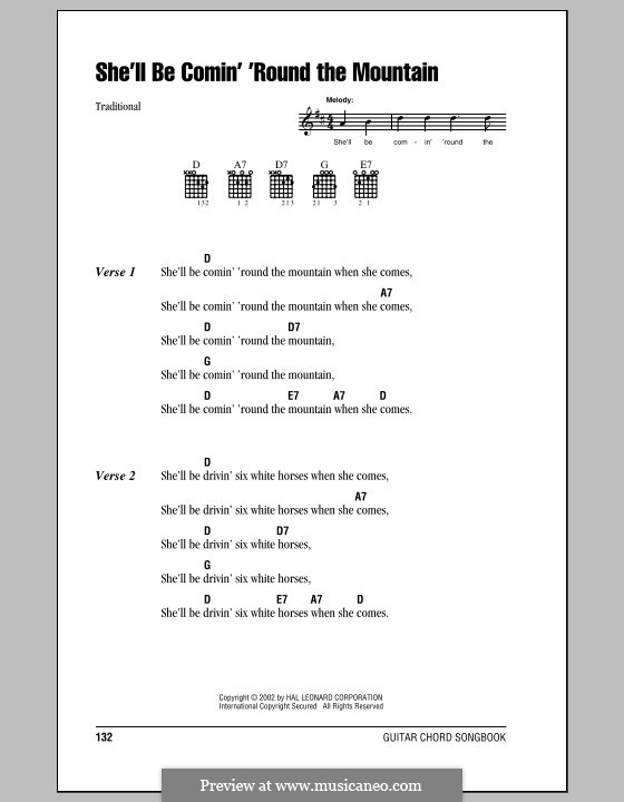 She'll Be Comin' 'Round the Mountain: Letras e Acordes (com caixa de acordes) by folklore