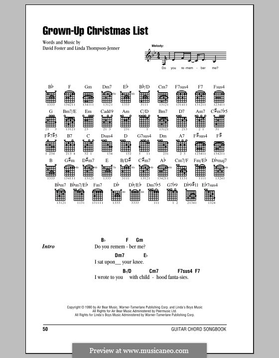 Grown-Up Christmas List: Lyrics and chords with chord boxes (Amy Grant) by David Foster, Linda Thompson-Jenner