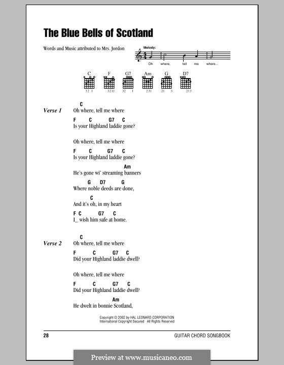 The Blue Bells of Scotland: Letras e Acordes (com caixa de acordes) by folklore