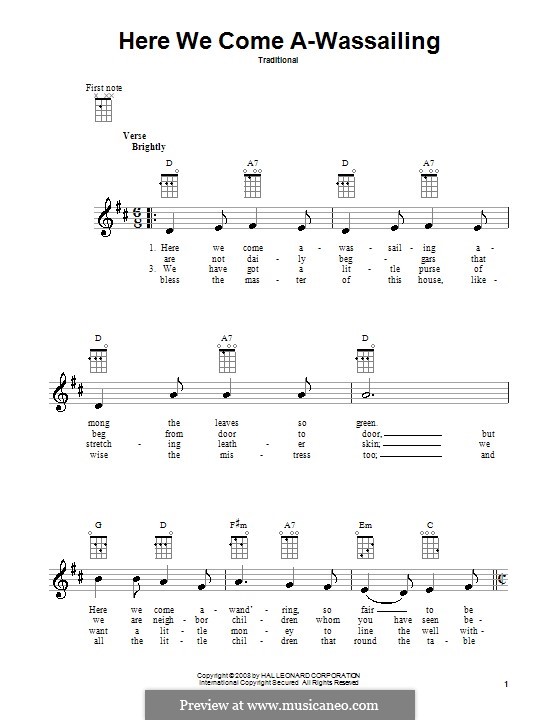Here we Come a-Wassailing (Printable Scores): para ukulele by folklore