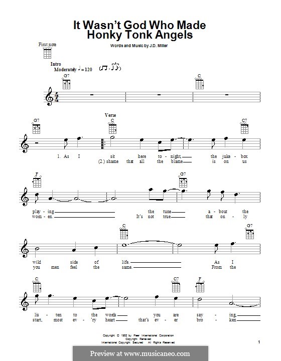 It Wasn't God Who Made Honky Tonk Angels (Patsy Cline): para ukulele by J. D. Miller