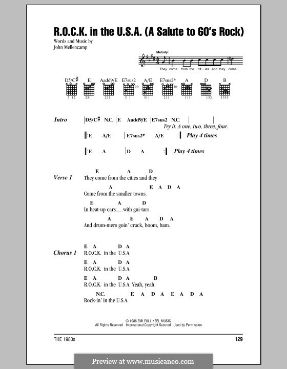 R.O.C.K. in the U.S.A. (A Salute to 60's Rock): Letras e Acordes (com caixa de acordes) by John Mellencamp