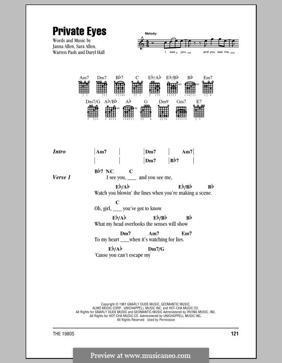 Private Eyes (Hall & Oates): Letras e Acordes (com caixa de acordes) by Daryl Hall, Janna Allen, Sara Allen, Warren Pash