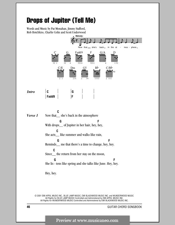 Drops of Jupiter / Tell Me (Train): letras e acordes com guia by Charlie Colin, Jimmy Stafford, Patrick Monahan, Rob Hotchkiss, Scott Underwood