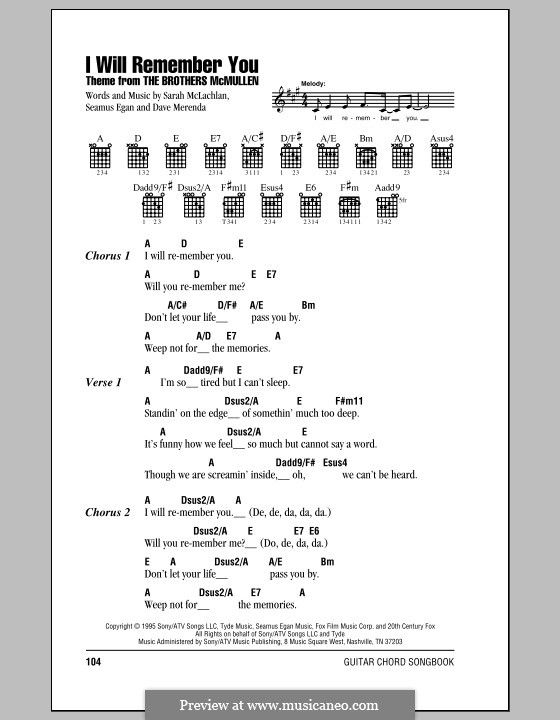 I Will Remember You (Theme from The Brothers McMullen): letras e acordes com guia by Dave Merenda, Sarah McLachlan, Seamus Egan