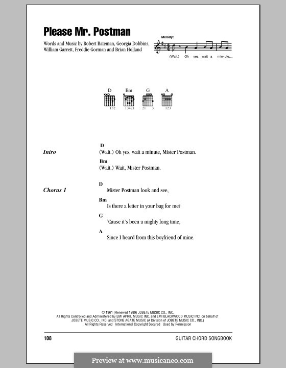 Please Mr. Postman: Lyrics and chords (The Beatles) by Brian Holland, Freddie Gorman, Georgia Dobbins, Robert Bateman, William Garrett