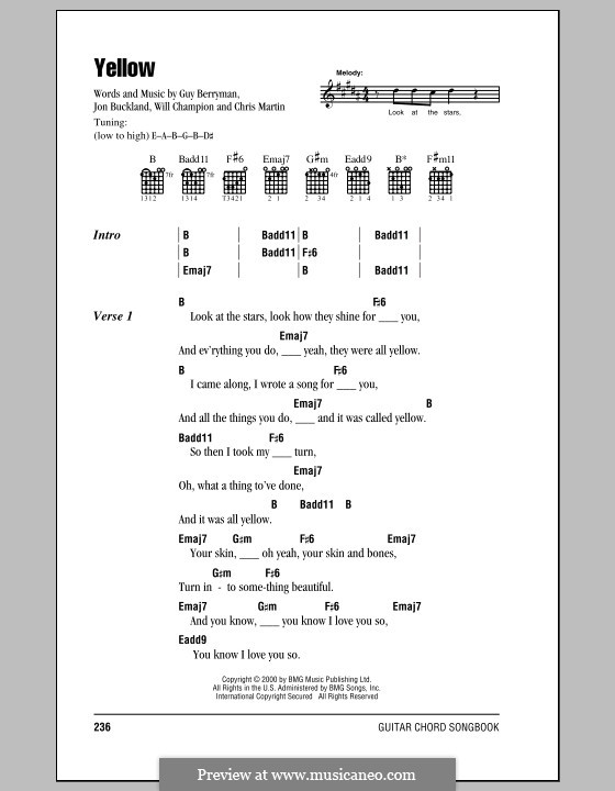 Yellow (Coldplay): Letras e Acordes by Chris Martin, Guy Berryman, Jonny Buckland, Will Champion