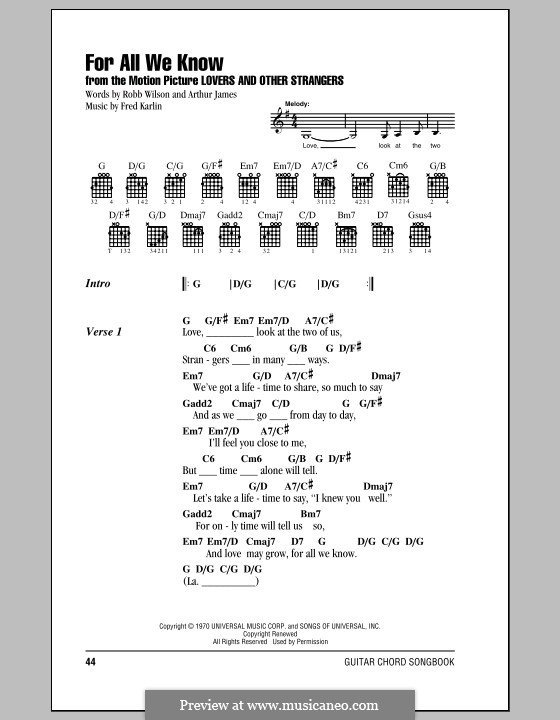 For All We Know (Carpenters): Letras e Acordes by Fred Karlin, Jimmy Griffin, Robert Wilson