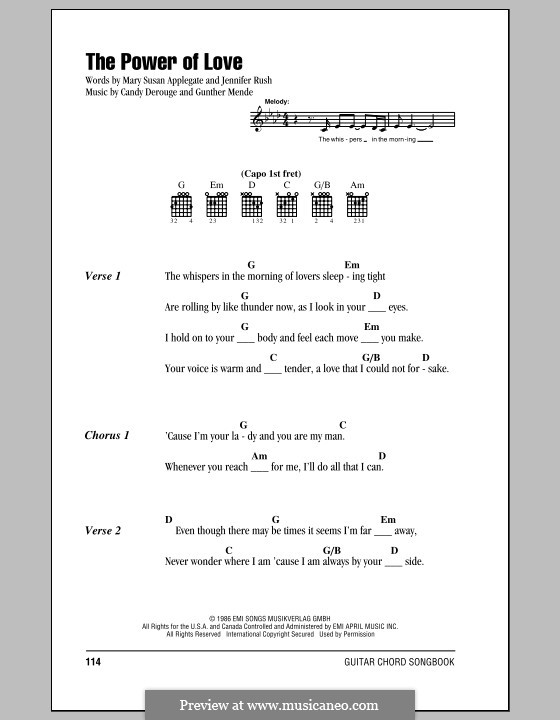 The Power of Love: Lyrics and chords (Celine Dion) by Candy Derouge, Gunther Mende, Jennifer Rush, Mary Susan Applegate