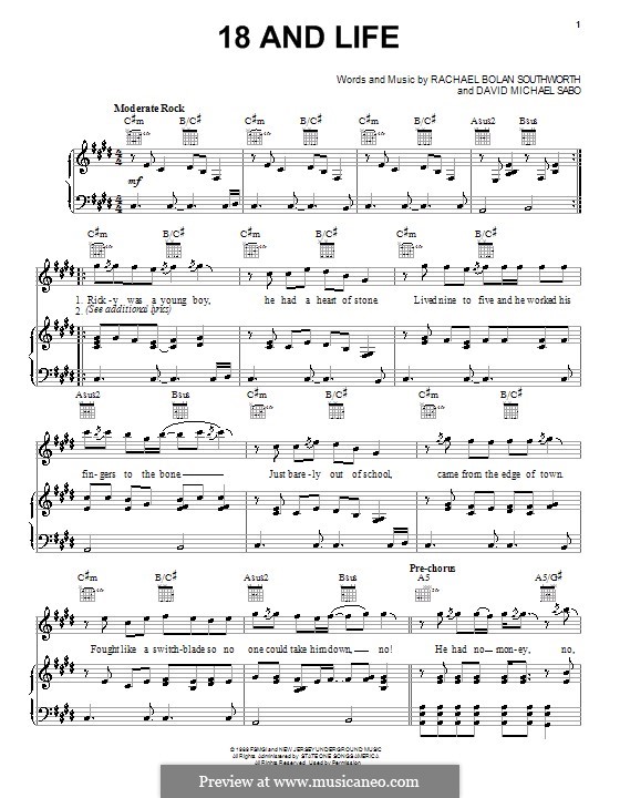 18 and Life (Skid Row): Para vocais e piano (ou Guitarra) by The Snake, Rachael Bolan Southworth