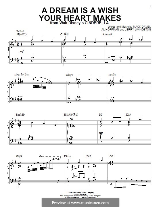 A Dream Is a Wish Your Heart Makes (from Disney's Cinderella): para piano (com acordes) by Al Hoffman, Jerry Livingston, Mack David