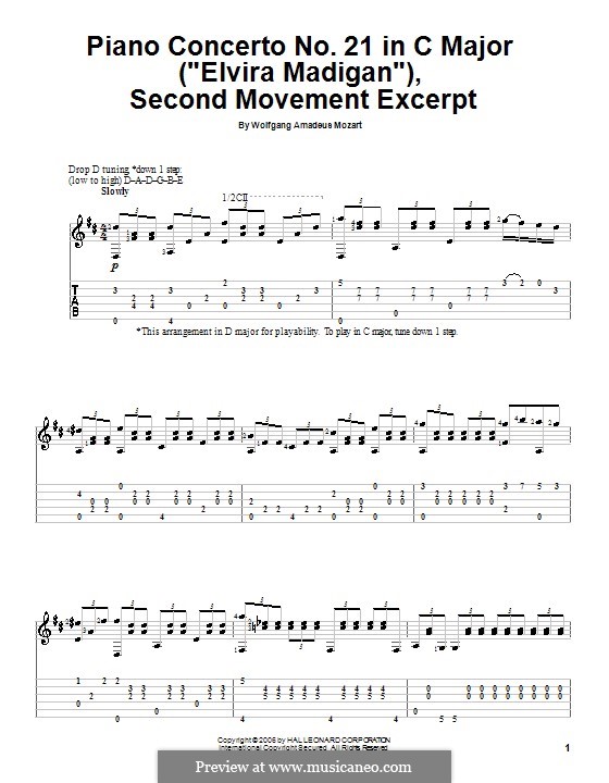 Concerto for Piano and Orchestra No.21 in C Major, K.467: Movement II (Fragment). Version for guitar by Wolfgang Amadeus Mozart