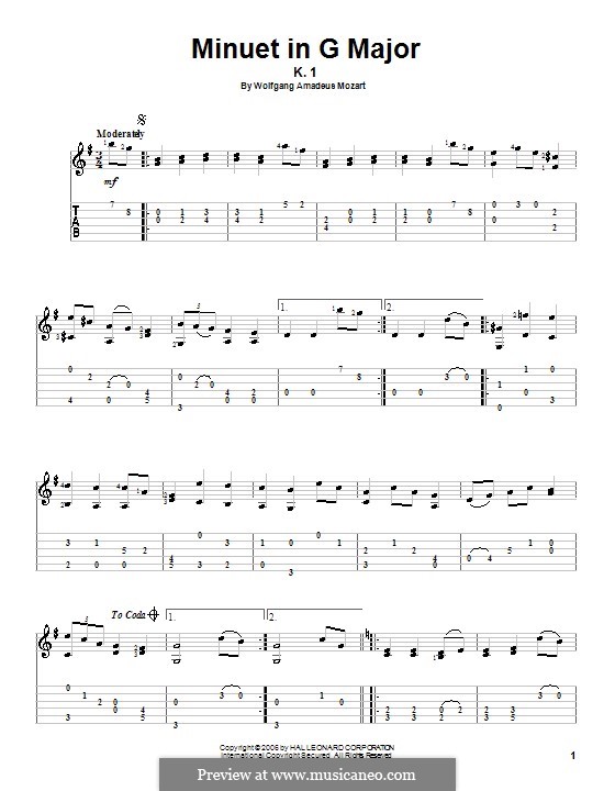 Minuet for Piano in G Major, K.1/1e: arranjos para guitarra by Wolfgang Amadeus Mozart