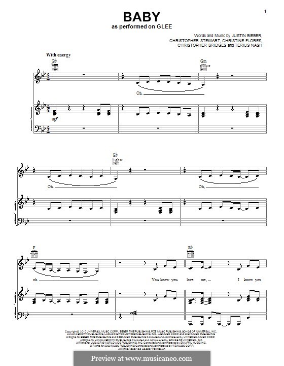 Baby (Justin Bieber featuring Ludacris): Para voz e piano ou guitarra (Glee Cast) by Christine Flores, Christopher Bridges, Tricky Stewart , Justin Bieber, Terius Nash
