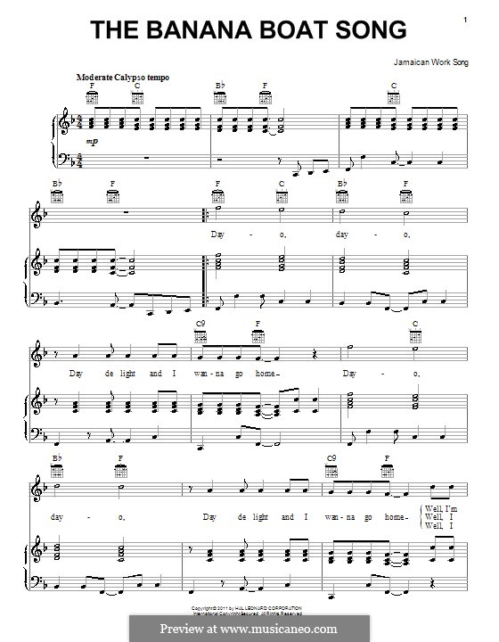 The Banana Boat Song (Day-O): Para vocais e piano (ou Guitarra) by folklore