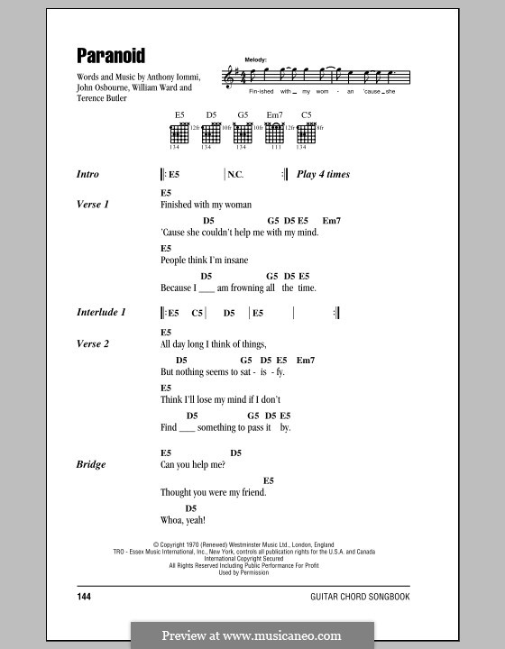 Paranoid (Black Sabbath): Letras e Acordes by Geezer Butler, Ozzy Osbourne, Tony Iommi, Bill Ward