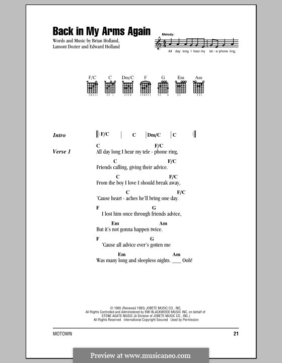 Back in My Arms Again (The Supremes): Letras e Acordes by Brian Holland, Edward Holland Jr., Lamont Dozier