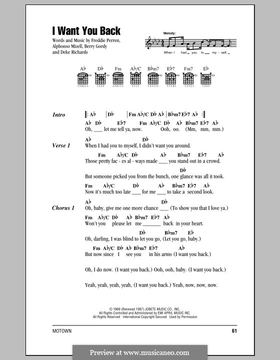 I Want You Back (The Jackson 5): Letras e Acordes by Alphonso Mizell, Berry Gordy, Deke Richards, Freddie Perren