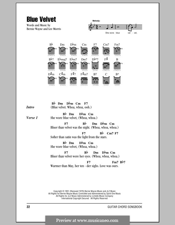 Blue Velvet: Lyrics and chords (Bobby Vinton) by Bernie Wayne, Lee Morris