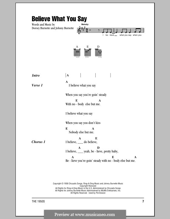 Believe What You Say (Ricky Nelson): Letras e Acordes by Dorsey Burnette, Johnny Burnette