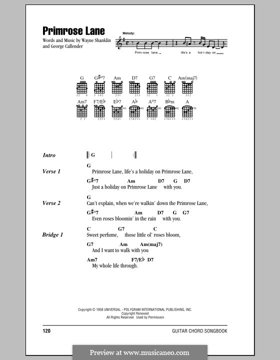 Primrose Lane (Jerry Wallace): Letras e Acordes by George Callender, Wayne Shanklin
