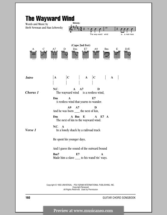 The Wayward Wind (Patsy Cline): Letras e Acordes by Herb Newman, Stan Lebowsky