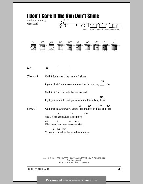 I Don't Care If the Sun Don't Shine (Elvis Presley): Letras e Acordes by Mack David