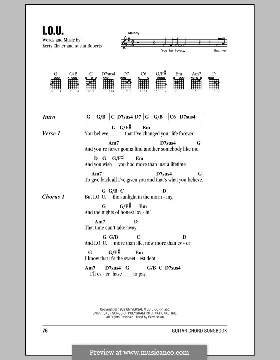 I.O.U. (Lee Greenwood): Letras e Acordes by Austin Roberts, Kerry Chater