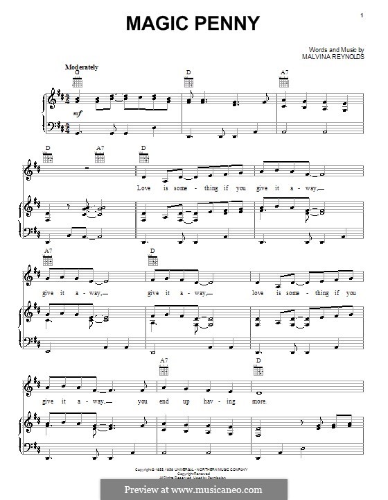 Magic Penny: Para vocais e piano (ou Guitarra) by Malvina Reynolds