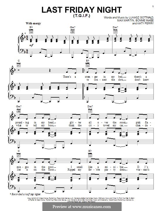 Last Friday Night (T.G.I.F.): Para vocais e piano (ou Guitarra) by Bonnie McKee, Katy Perry, Lukas Gottwald, Max Martin