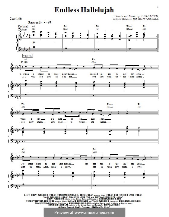Endless Hallelujah (Matt Redman): Para vocais e piano (ou Guitarra) by Chris Tomlin, Jonas Myrin, Timothy Wanstall