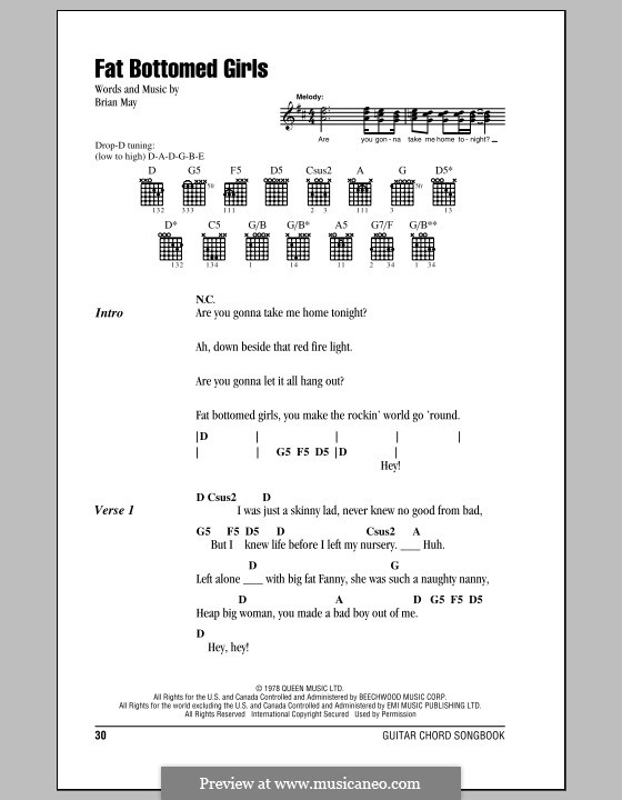 Fat Bottomed Girls: Lyrics and chords (Queen) by Brian May