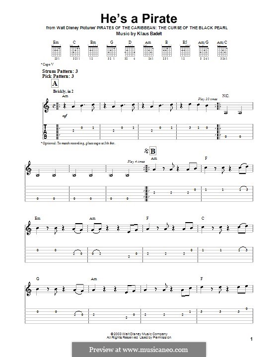 He's a Pirate (from Pirates of the Caribbean: The Curse of the Black Pearl): Para guitarra (versão facil) by Klaus Badelt