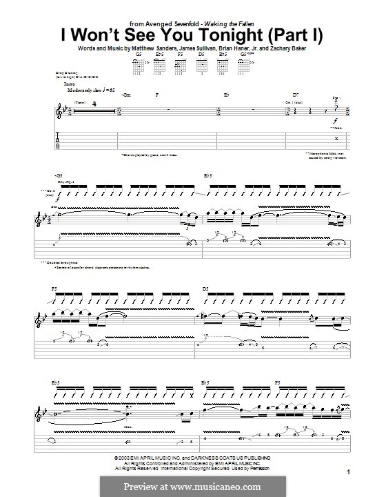 I Won't See You Tonight (Avenged Sevenfold): Part I, for guitar with tab by Brian Haner Jr., James Sullivan, Matthew Sanders, Zachary Baker