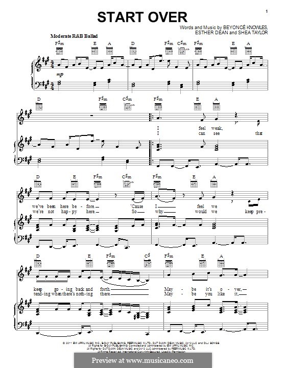 Start Over (Beyonce): Para vocais e piano (ou Guitarra) by Esther Dean, Shavo Odadjian
