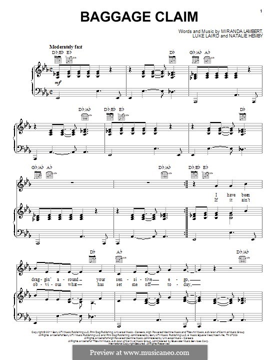 Baggage Claim (Miranda Lambert): Para vocais e piano (ou Guitarra) by Luke Laird, Natalie Hemby